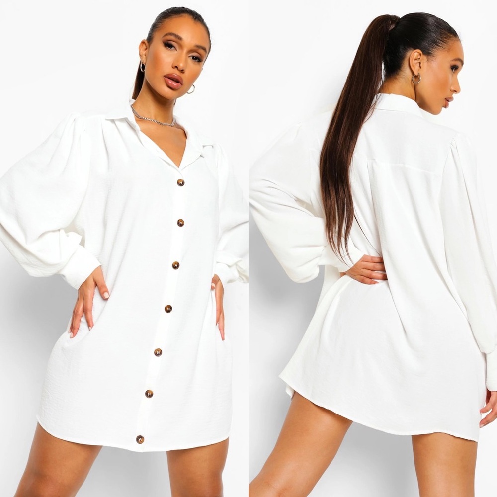 Balloon Sleeve Button Front Smock Shirt Dress